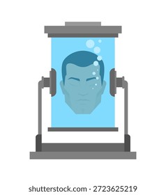 Tieftemperaturkammer zur Konservierung eines menschlichen Kopfes als Symbol für fortschrittliche medizinische Sci-Fi-Gefriertechnologie.