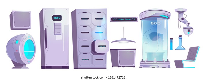 Cryonics laboratory equipment and technics, cryo camera with low temperature regime, drawer and refregirator with digital screen and glass flasks, laser isolated Cartoon vector illustration, icons set