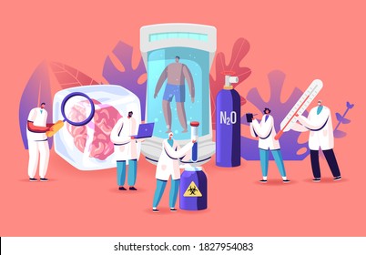 Cryonics Technology Concept. Tiny Scientists Characters Use Futuristic Equipment For Hibernation, Cryogenic Camera With Human Inside. Capsule With Brain In Cryogen. Cartoon People Vector Illustration