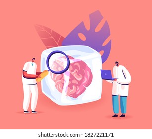 Cryonics Technology, Hibernation Concept. Tiny Scientists Male Characters with Laptop and Magnifier Research Huge Ice Cube with Human Brain Inside in Laboratory. Cartoon People Vector Illustration