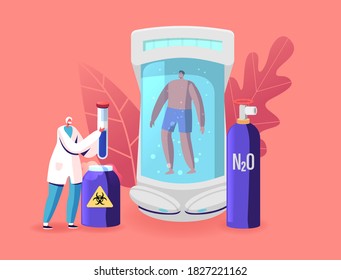 Cryonics Technology Research Concept. Female Scientist Character Put Glass Flask into Container with Nitrogen Oxide. Male Body inside of Capsule with Cryogen Liquid. Cartoon People Vector Illustration