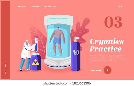 Cryonics Technology Research Landing Page Template. Female Scientist Character Put Glass Flask into Container with Nitrogen Oxide. Male Body in Capsule with Cryogen. Cartoon People Vector Illustration