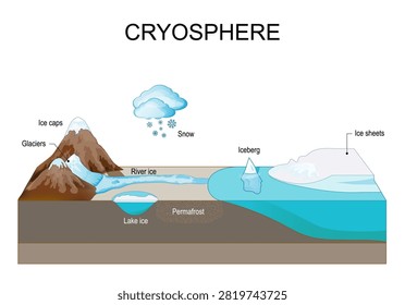 Cryosphere structure. Component of the global climate system. Clouds and snowflakes, Lake and River ice, Ice sheet, Permafrost, Glaciers, and Ice caps on mountain, Iceberg in ocean. Global climate change. poster for education. science infographic diagram. Vector illustration.