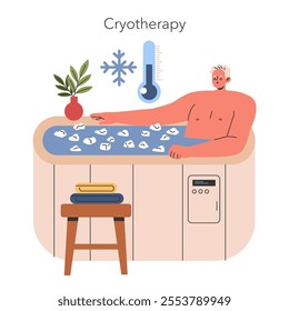 Cryotherapy concept. Man undergoing a cold treatment in a cryo bath filled with ice cubes. Alternative medicine and wellness therapy. Vector illustration.