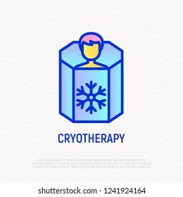 Cryotherapy thin line icon: man in cryo capsule. Modern vector illustration.