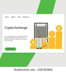 Crypro exchange landing page, currency market online to trading. Vector illustration. Earn spot, cryptography online exchange, crypto pay, network bank, crypto golden sign, financial block