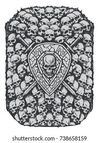 The Crypt of the Fallen vector drawing illustration. T-shirt art. Grange skull background. Skull illustration