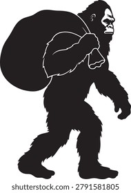 Cryptid creature walking with heavy bag camping adventure mythical beast black silhouette style vector.