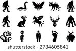 Cryptid and paranormal creatures icons vector set in black silhouette style, featuring Bigfoot, Loch Ness monster, mothman, hellhound, jackalope, winged horse, stag, swamp monster, kraken, alien, faceless man, giant footprint and demon, perfect for horror posters, conspiracy themes, games and mystery illustrations.