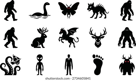 Cryptid and paranormal creatures icons vector set in black silhouette style, featuring Bigfoot, Loch Ness monster, mothman, hellhound, jackalope, winged horse, stag, swamp monster, kraken, alien, faceless man, giant footprint and demon, perfect for horror posters, conspiracy themes, games and mystery illustrations.