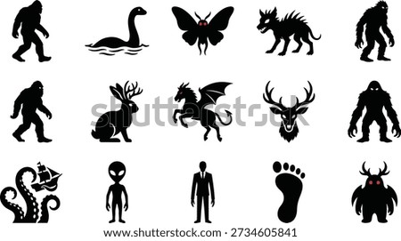 Cryptid and paranormal creatures icons vector set in black silhouette style, featuring Bigfoot, Loch Ness monster, mothman, hellhound, jackalope, winged horse, stag, swamp monster, kraken, alien, faceless man, giant footprint and demon, perfect for horror posters, conspiracy themes, games and mystery illustrations.