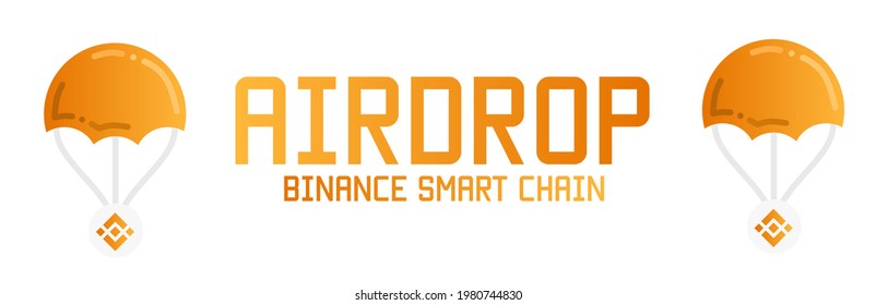 Crypto airdrop with the binance smart chain network, bsc.  with a parachute illustration and a coin icon.  Illustrations for airdrops, cryptocurrencies, prizes.  Minimalist flat design vector eps10. svg