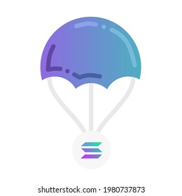 Crypto airdrop with solana network, with parachute illustration and coin icon.  Illustrations for airdrops, cryptocurrencies, prizes, contests.  Minimalist flat design vector eps10