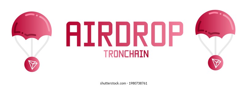 Crypto airdrop con red tronchain, tron, trx, con ilustración de paracaídas e icono de moneda.  Ilustraciones para gotas de aire, criptomonedas, premios, concursos.  Pos vectoriales de diseño plana minimalista10