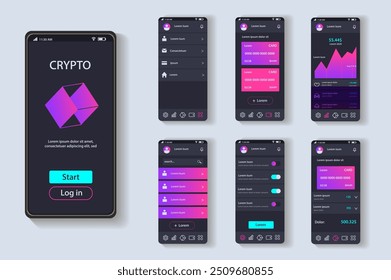 Crypto app concept in flat design. A visual representation of a cryptocurrency management mobile application with different screens including login, statistics and transactions. Vector Illustration.