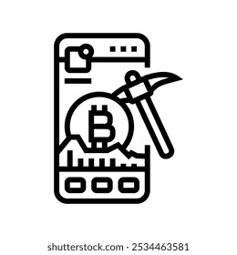 App de criptomonedas Vector de línea de minería de criptomonedas. App de criptomonedas signo de minería de criptomonedas. Contorno aislado Ilustración negra