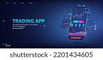Crypto App for trading on mobile phone. Template 3D Smartphone for trading on App platform. Cryptocurrency on mobile phone with UI interface, data analytics, online statistic, graphic, charts. Vector