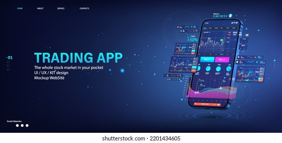 Crypto App for trading on mobile phone. Template 3D Smartphone for trading on App platform. Cryptocurrency on mobile phone with UI interface, data analytics, online statistic, graphic, charts. Vector