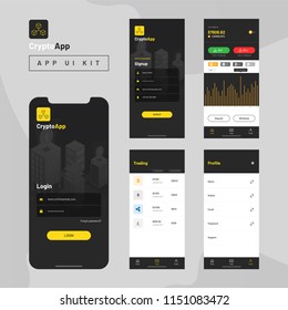 Crypto App UI Kit for responsive mobile app or website with different GUI layout including Login, Create Account, Profile, Transaction and trending screens.