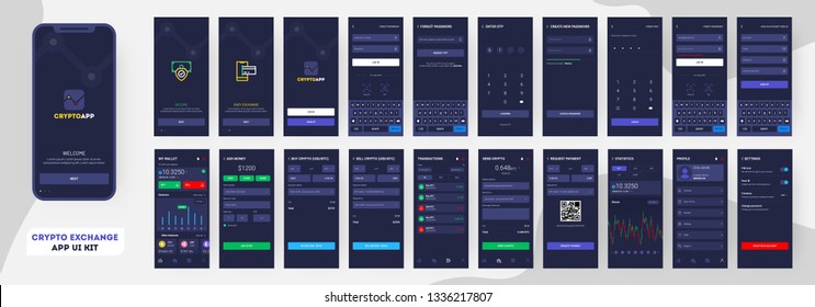 Crypto App UI Kit for responsive mobile app or website with different GUI layout including login, Create Account, Profile, Transaction and trending screens. 