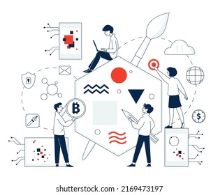 Crypto art concept. Cryptographic nft innovation artistic culture. Buying collectibles exhibit, digital asset sale. Virtual gallery and token recent vector scene