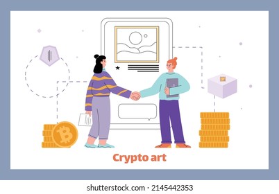 Crypto art horizontal web banner template flat style, blue background, vector illustration. Persons shake hands, buying digital art for non-fungible tokens. Bitcoin sign, text