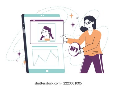 Crypto art marketplace, digital non fungible token. Woman selling or buying nft tokens, cryptocurrency masterpiece flat vector illustration. Crypto nft art outline concept