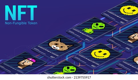 Arte criptográfico NFT, tokens de tarjeta en isométrico. Colección de tokens no fungibles con el arte gráfico. Información de criptografía de la cadena de bloqueo, NFT arts Ethereum, bitcoin, altcoin, ERC20. Banda vectorial