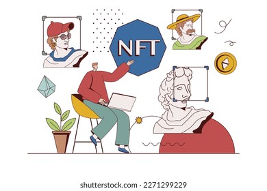 Crypto art with NFT concept with character situation in flat design. Man collects digital artworks and invests money by buying pictures on marketplace. Vector illustration with people scene for web