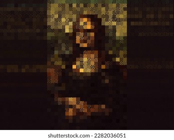 Crypto Art and NFT - Digital Shader Pixelated Lines Patches Canvas. Vector Illustration. Renaissance Famous Leonardo da Vinci Portrait of Mona Lisa Pixel Lines Style Graphic Design.