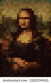 Crypto Art and NFT - Digital Shader Pixelated Lines Patches Canvas. Vector Illustration. Renaissance Famous Leonardo da Vinci Portrait of Mona Lisa Pixel Lines Style Graphic Design.