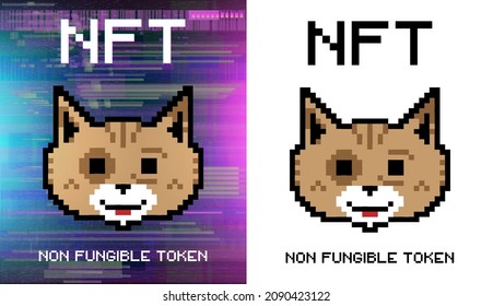 Crypto Art NFT Token. Non-fungible Token. Cute Cat Face In Pixel Style, Isolated On White And Glitch Background. NFT Token Token In Blockchain Technology In Digital Crypto Art. ERC20. Flat Pixel Cat.