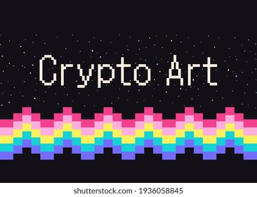 Crypto art. NFT token. Vector futuristic cryptography wallpaper. Retro wave, synthwave, rave, vapor, cyber punk. Blue, black, pink purple color. Trendy vintage 80s, 90s style. Print, poster, banner