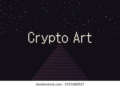 Crypto art. NFT token. Vector futuristic cryptography wallpaper. Retro wave, synthwave, rave, vapor, cyber punk. Black, pink purple, white color. Trendy vintage 80s, 90s style. Print, poster, banner