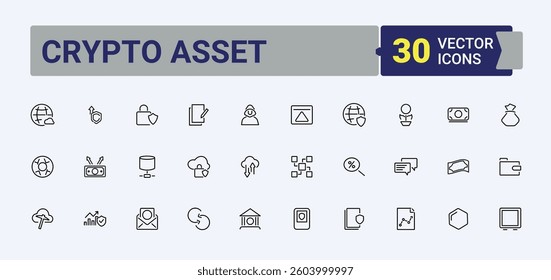 Crypto Asset icon set. Contains such symbols as payment, currency, banking, dollar and more. Crypto Currency modern icon set. Thin outline icons pack. Pixel perfect. Editable stroke.
