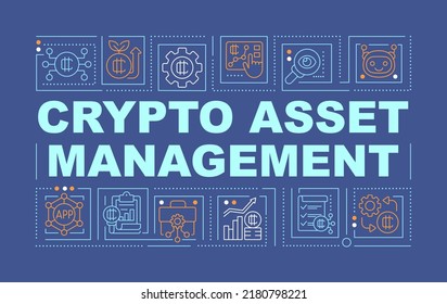 Crypto Asset Management Word Konzepte dunkelblauer Banner. Fondskontrolle. Infografiken mit bearbeitbaren Symbolen auf Farbhintergrund. Alleinstehende Typografie. Vektorgrafik mit Text. Arial-Black-Schriftart verwendet