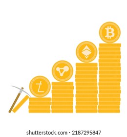 Crypto Assets, Bitcoin Stack And Golden Altcoins. Vector Illustration. Digital Capital Stock, Btc Commerce, Electronic Market, Global Blockchain Banking, Crypto Personal Assets, Crypto Price