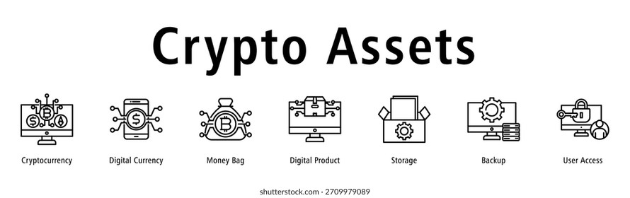 Ilustración vectorial de iconos de Anuncio de Web de criptomonedas con Elementos de criptomonedas, monedas digitales, bolsas de dinero, Producto digital, almacenamiento, copia de seguridad y acceso de usuario.