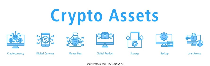 Crypto Assets Web-Banner-Symbol, Vektorgrafik mit Symbolen von Cryptocurrency, Digital Currency, Money Bag, Digital Product, Storage, Backup und User Access.
