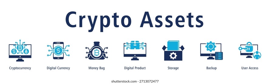 Crypto Assets web banner icon vector illustration with icons of Cryptocurrency, Digital Currency, Money Bag, Digital Product, Storage, Backup and User Access.
