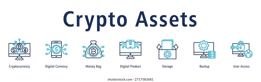 Ilustración vectorial de iconos de Anuncio de Web de criptomonedas con Elementos de criptomonedas, monedas digitales, bolsas de dinero, Producto digital, almacenamiento, copia de seguridad y acceso de usuario.