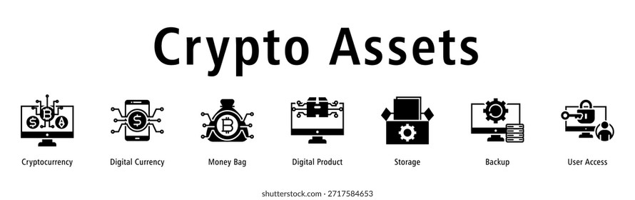 Ilustración vectorial de iconos de Anuncio de Web de criptomonedas con Elementos de criptomonedas, monedas digitales, bolsas de dinero, Producto digital, almacenamiento, copia de seguridad y acceso de usuario.