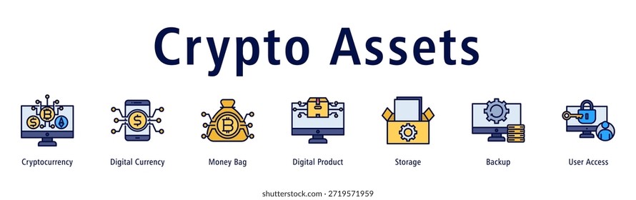 Ilustración vectorial de iconos de Anuncio de Web de criptomonedas con Elementos de criptomonedas, monedas digitales, bolsas de dinero, Producto digital, almacenamiento, copia de seguridad y acceso de usuario.