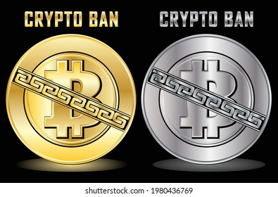 Crypto ban sign on gold and silver colour with black background, Crypto Banned, for your banner, symbol, web, and business. vector eps10