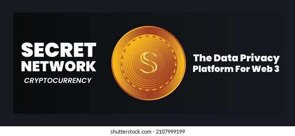 Crypto banner for web with golden coin logo of SECRET CRYPTOCURRENCY. Cryptocurrency poster with golden coin design concept. crypto currency web banner with logo and text of secret network SCRT .