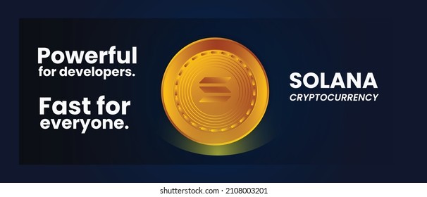 Crypto-Banner für Web mit goldenem Münzlogo von solana SOL. Kryptowährung Poster mit goldenem Münzdesign Konzept solana. Crypto Currency Web Banner mit Logo und Text von Solana SOL