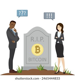 Crypto or bitcoin is dead, concept. Cryptocurrency crisis. Collapse of stock market or bitcoin. Upset traders mourn the demise and death of bitcoin. Tomb of blockchain technology. vector illustration