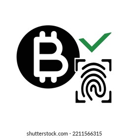 Crypto Bitcoin Fingerprint Scan Icon | Black Vector Illustration |