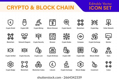Conjunto de íconos de Web de criptomonedas y cadenas de bloques. icono de información, análisis, computación en la nube, cadena de bloques, bloque, distribución, registro, ícono de transacción.