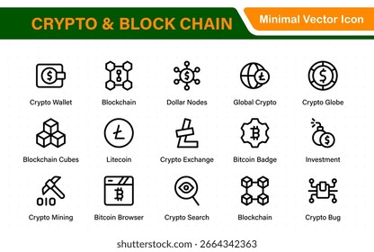 Conjunto de íconos de Web de criptomonedas y cadenas de bloques. icono de información, análisis, computación en la nube, cadena de bloques, bloque, distribución, registro, ícono de transacción.